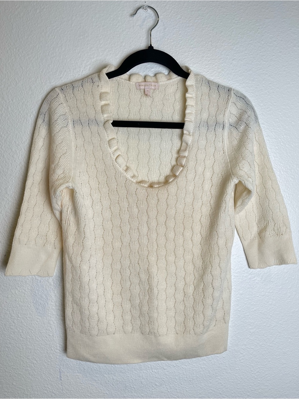 Rebecca Taylor Cream Ruffle Scoop Neck Wool Sweater Sz Medium Pointelle Knit